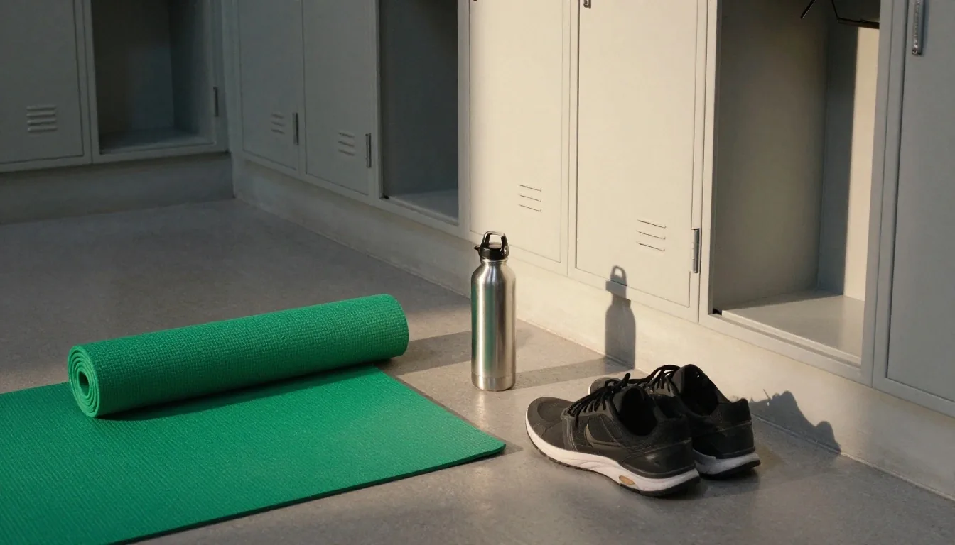 Morning locker-room floor in Jakarta with a mat, trainers and a water bottle set down at first light