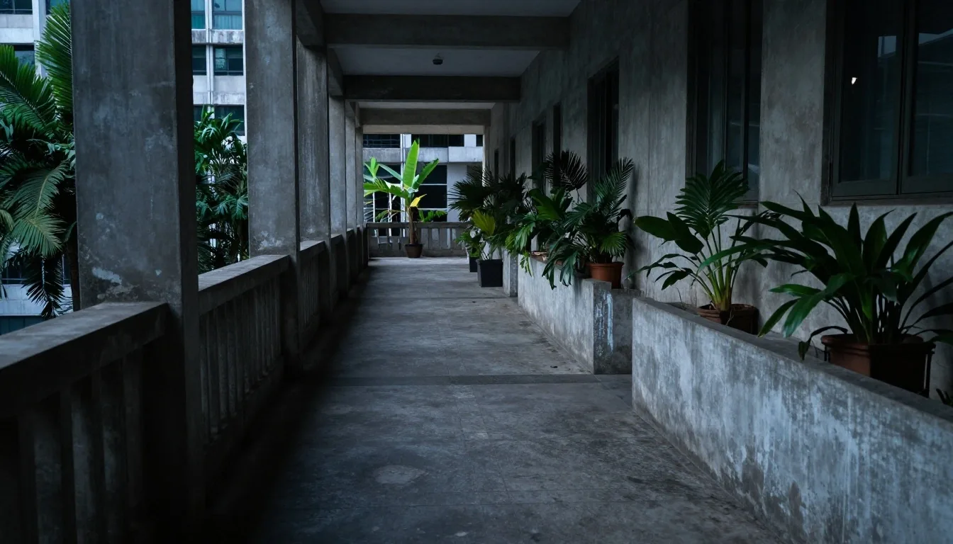 Concrete corridor at the PriaAlam editorial office in Kuningan, Jakarta, photographed at first light
