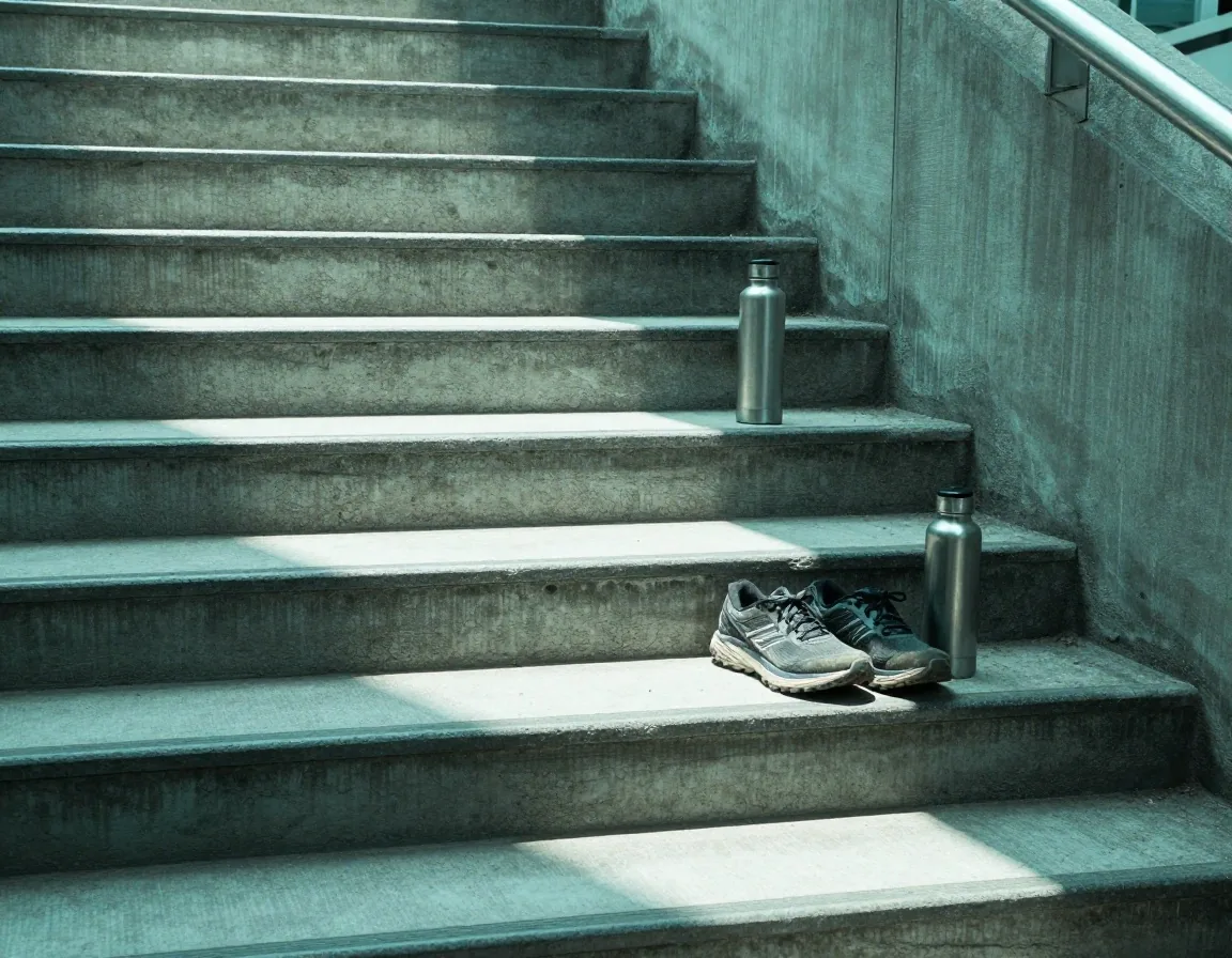 Running shoes and a water bottle on a concrete stair at dawn, the end of a men's daily energy routine