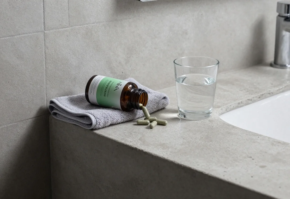 An unbranded natural supplement bottle open on a stone slab beside a folded towel and a glass of water