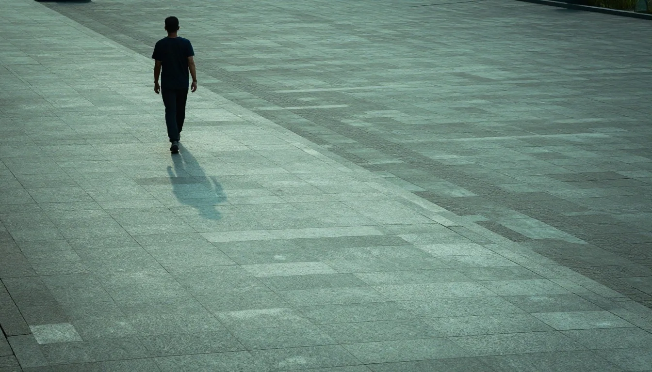 A concrete running corridor in Jakarta at first light, with an open stone foreground