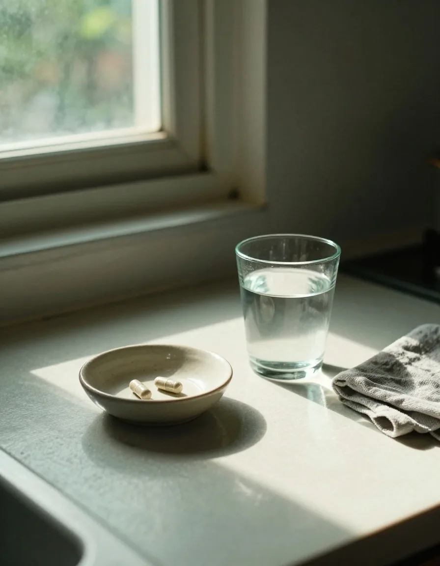 A supplement bottle on a folded towel beside a glass of water at dawn