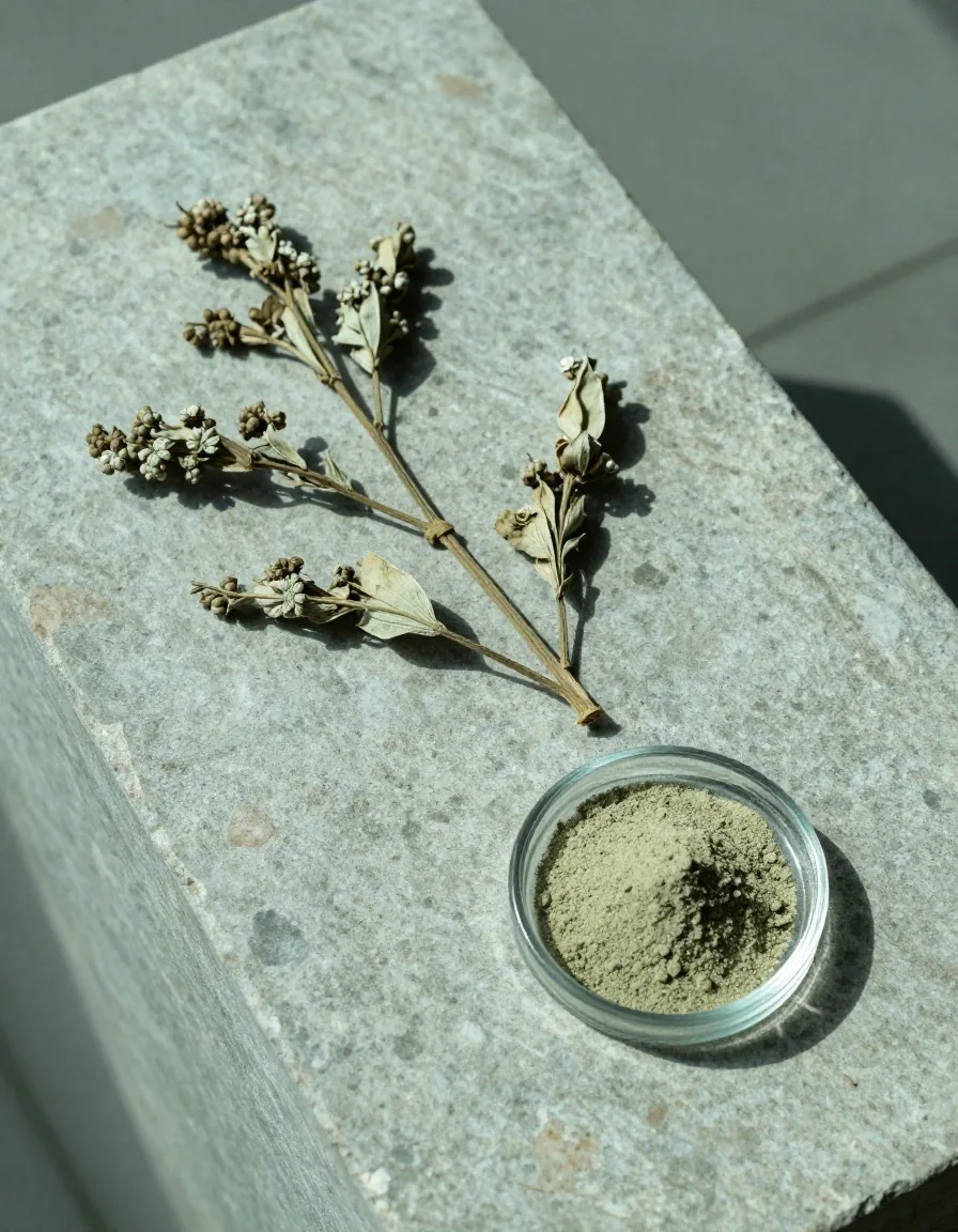 Dried botanical material and ground powder on a warm stone block