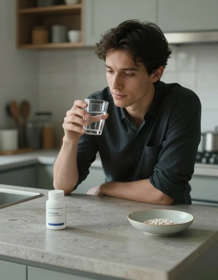 Man holding a glass of water at a stone counter in morning light