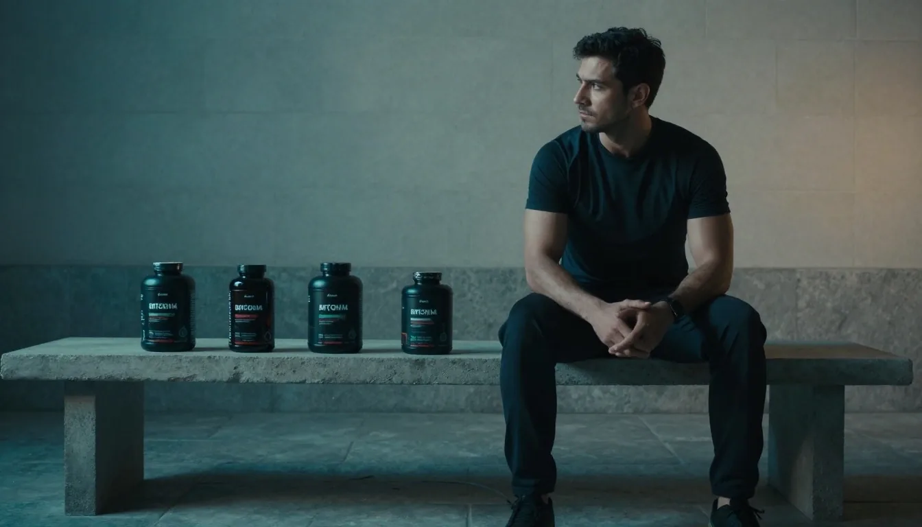 Three supplement bottles lined up on a concrete bench beside a seated man